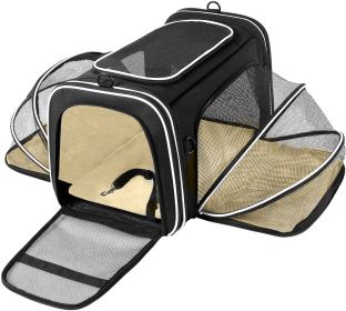 Pet Carrier Expandable Foldable Soft Dog Bag Backpack 5 Open Doors Reflective Tapes Pet Travel Bag Carrier for Cats (Color: Black)